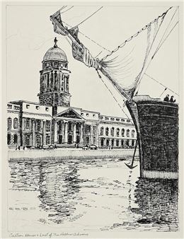 A monochromatic etching of a grand classical building reflected in water, framed by the rigging of a ship.