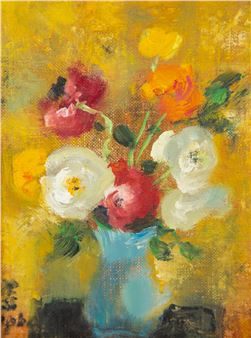 A vibrant floral still life featuring a bouquet of red, white, and yellow flowers in a blue vase.