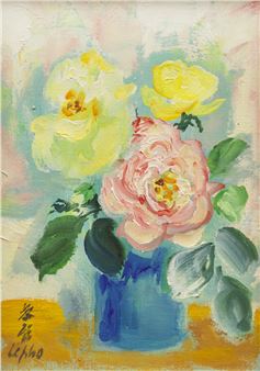 A vibrant floral still life featuring yellow and pink roses in a blue vase.