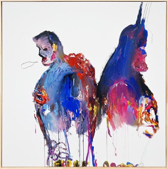 A vibrant abstract painting of two figures in profile against a stark white background.