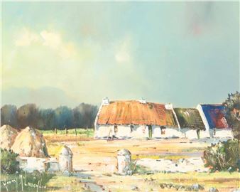 A pastoral landscape painting featuring a thatched-roof cottage under a soft, hazy sky.