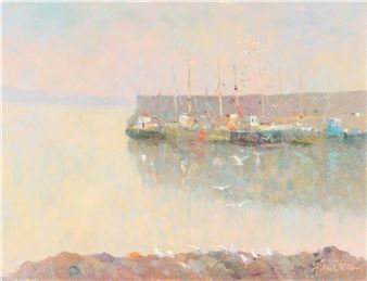 A serene harbor scene with boats docked near a rocky shore under soft, pastel light.