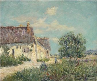A sun-drenched rural scene featuring a rustic cottage and a solitary figure in an open field.