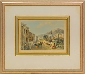 A framed watercolor street scene depicting a bustling town with horse-drawn carriages and distant mountains.
