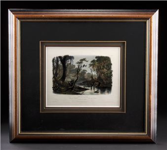 A framed landscape print depicting a misty river scene with weeping willow trees and a small boat.