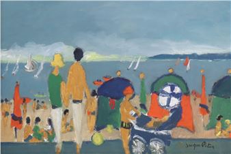 A vibrant beach scene filled with figures, colorful umbrellas, and sailboats under a soft sky.