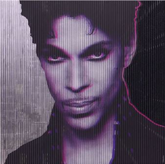 A portrait of a person with purple skin tones and a textured, vertical-lined background.