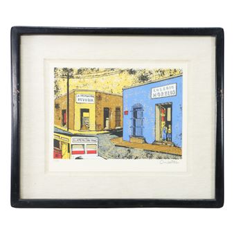 A stylized street scene featuring two colorful buildings and a bus, rendered in a graphic print style.