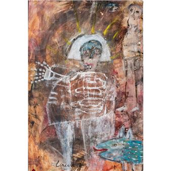 A surreal, textured painting featuring a skeletal figure with a halo and a blue fish in the foreground.