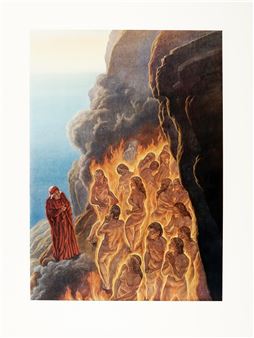 A dramatic scene of a robed figure standing before a group of nude figures emerging from a fiery cave.