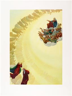 A swirling celestial scene with figures ascending toward a radiant light.