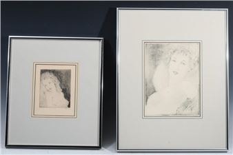 Two framed pencil sketches of a woman, one small and one large, displayed side by side.