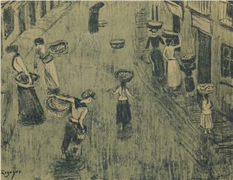 A monochromatic street scene filled with figures balancing baskets on their heads.