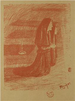 A monochromatic drawing of a robed figure kneeling in a dimly lit interior.