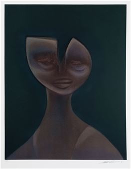 A stylized portrait of a figure with a split face against a dark teal background.