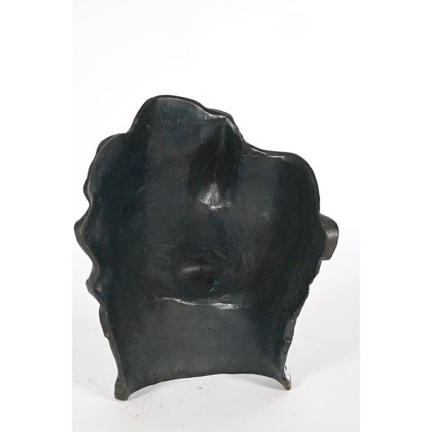 A dark bronze bust of a face in profile with a circular medallion on the neck.