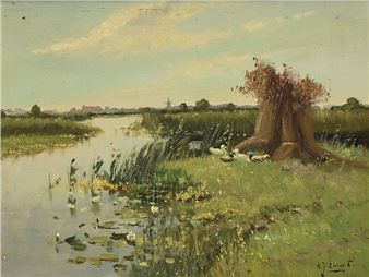 A serene landscape painting of a riverbank with ducks, lily pads, and a tree stump.