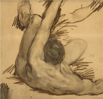 A dynamic charcoal study of a nude figure in a reclining pose.