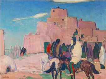 A vibrant painting of a desert village scene with figures on horseback and adobe structures under a blue sky.
