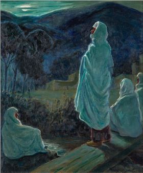 A nocturnal scene of figures in white robes observing a moonlit landscape.