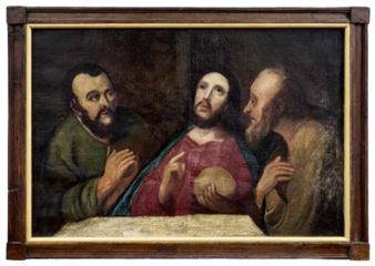 A dramatic Baroque-style painting of three figures in a dimly lit interior.