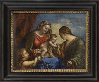 A classical religious painting of a central female figure holding an infant, flanked by two other figures in a serene composition.