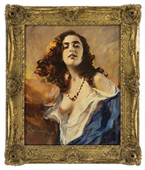 A romantic portrait of a woman in flowing robes, framed by an ornate golden border.