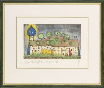 A whimsical print of a colorful village with a large blue tower and green trees.