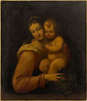 A classical painting of a seated figure holding a small child against a dark background.