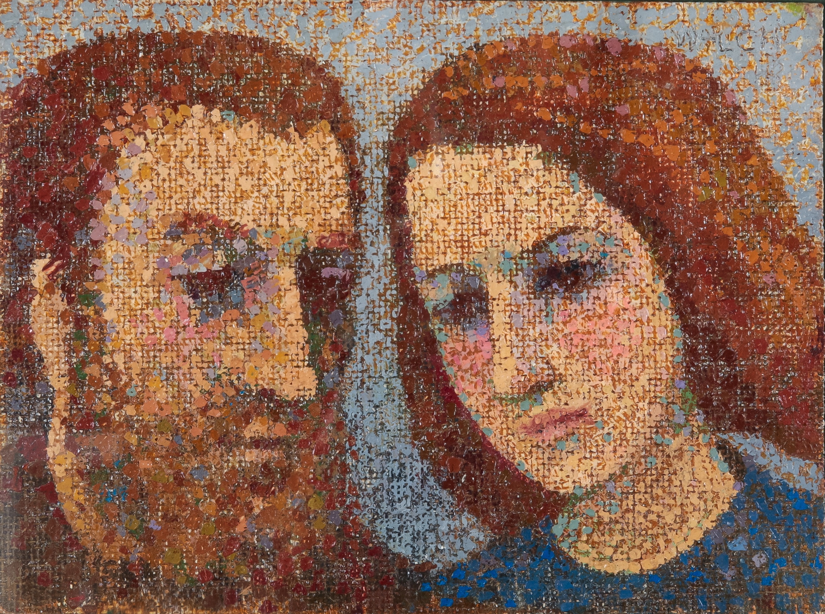 A pixelated portrait of a bearded man and a woman with reddish hair.