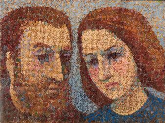A pixelated portrait of a bearded man and a woman with reddish hair.