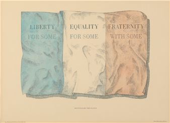 A tri-fold flag-like object with text, divided into three colored sections.