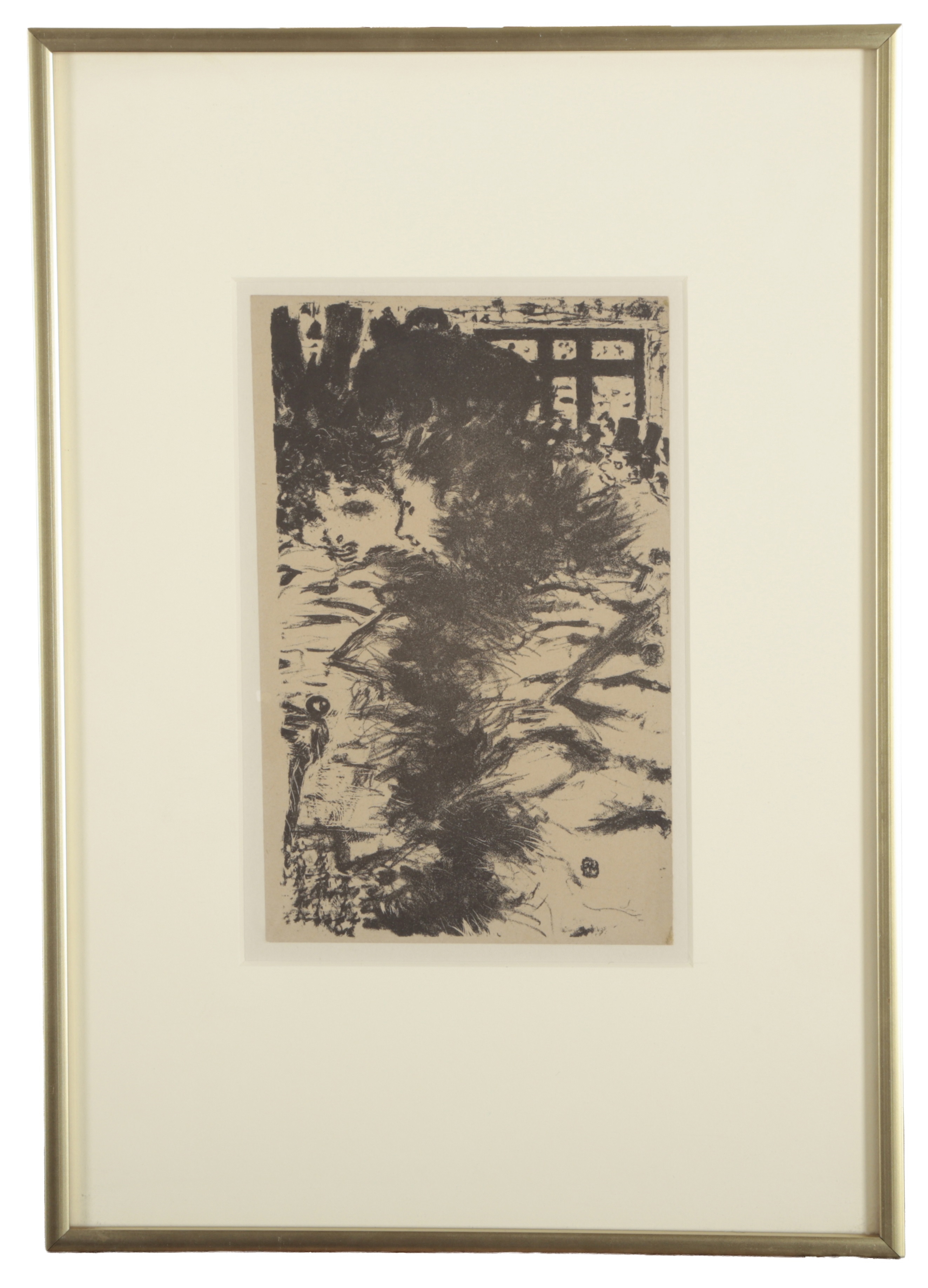 A monochromatic woodcut print depicting a dense, shadowy landscape with a windowed structure in the background.