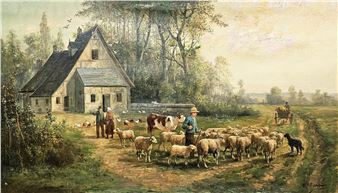 A pastoral scene of shepherds tending sheep near a rustic farmhouse.