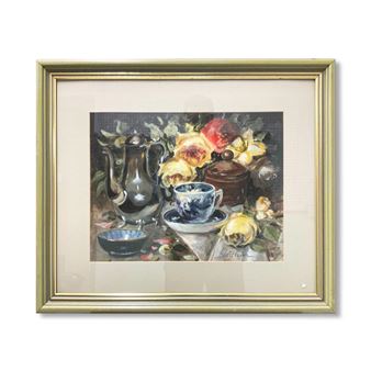 A still life painting featuring a dark teapot, blue cup, and vibrant flowers in a gold frame.