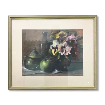 A classic still life painting featuring a bouquet of pansies, a green ceramic jar, and a pear on a table.