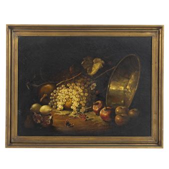A classical still life painting featuring a golden bowl tipped over, spilling fruit and grapes onto a dark surface.