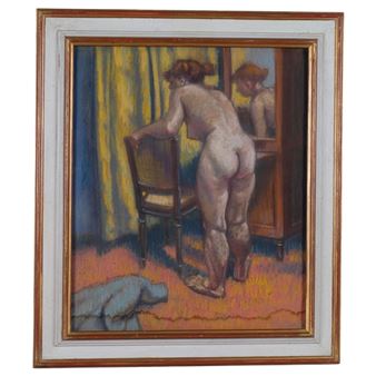 A nude figure stands in a mirrorless room, gazing into a reflection.