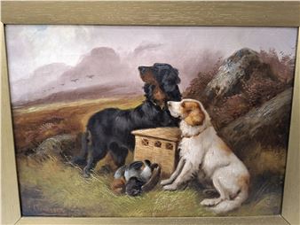 A pastoral oil painting of three dogs in a rugged landscape.