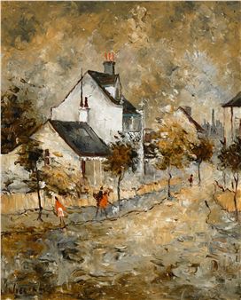 A textured landscape painting of a village street with figures in warm tones.