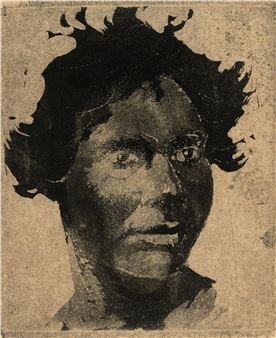 A monochromatic portrait of a person with dark, textured hair and a neutral expression.