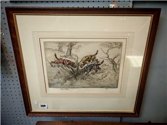 A framed print of three wild cats hunting in a forest.