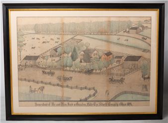 A vintage framed print depicting a pastoral farm scene with rolling fields, scattered buildings, and horse-drawn carriages.