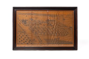 A framed vintage map depicting a landscape with fields, trees, and structures.