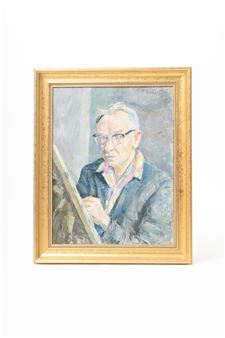 A portrait of a man with glasses holding an easel, framed in gold.