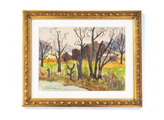 A watercolor landscape of a rural scene with bare trees and distant houses.