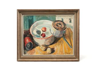 A still life painting featuring a bowl of fruit and a pot on a wooden table.