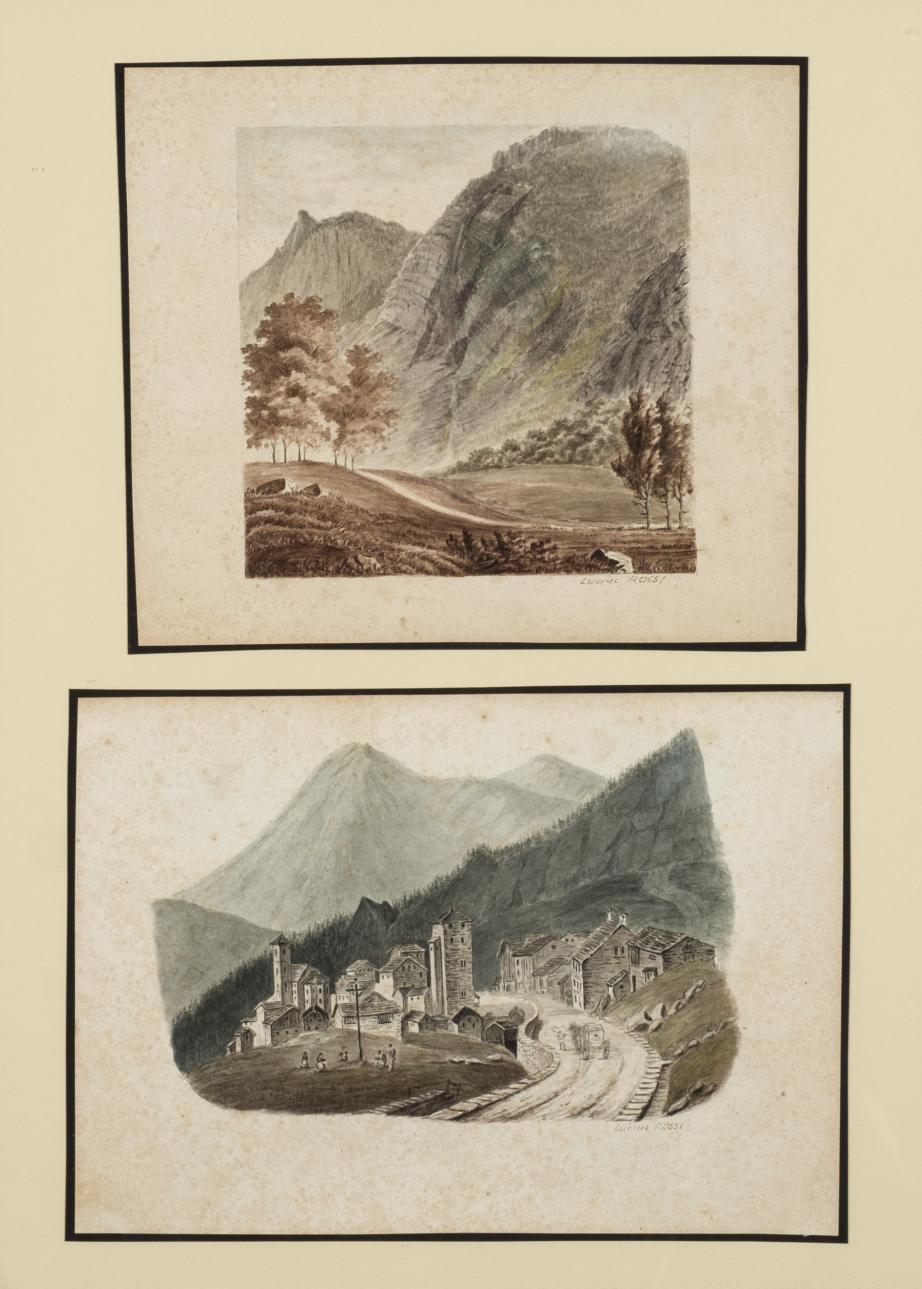 A diptych of mountainous landscapes featuring a village nestled at the foot of a towering peak.