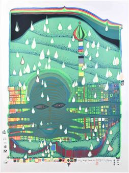 A surreal portrait of a face merging with a cityscape under a rainbow sky, rendered in vibrant greens and blues.