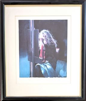 A framed painting of a figure with curly hair sitting in shadow.